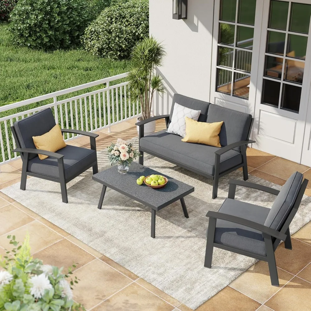 OC Orange-Casual Modern Outdoor Patio Furniture Set, 4-Piece Aluminum Conversation Set, Loveseat, Coffee Table, Includes Cushion