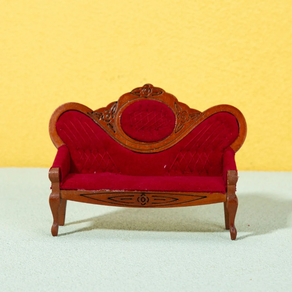 3 Pcs Miniature Dollhouse Furniture Vintage Peach Armchair Tiny House Decor Wood Cotton Padding Mini Sofa Set