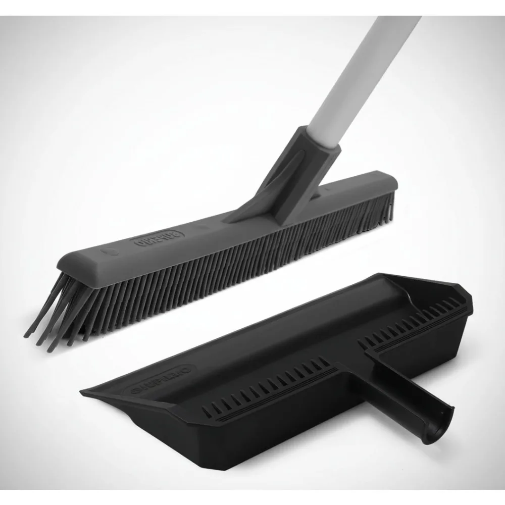 

16-Inch Silicone Pet Hair Remover Broom & Dustpan Set with Comb - Carpet Rake for Hardwood Tile Floor Cleaning