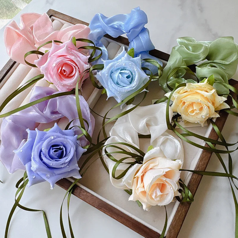 

2025 New Arrival Tulle Scrunchie Hair Tie with 3D Rose Flower Sweet Girly Ribbon Hair for Girls Cute Hair Accessories