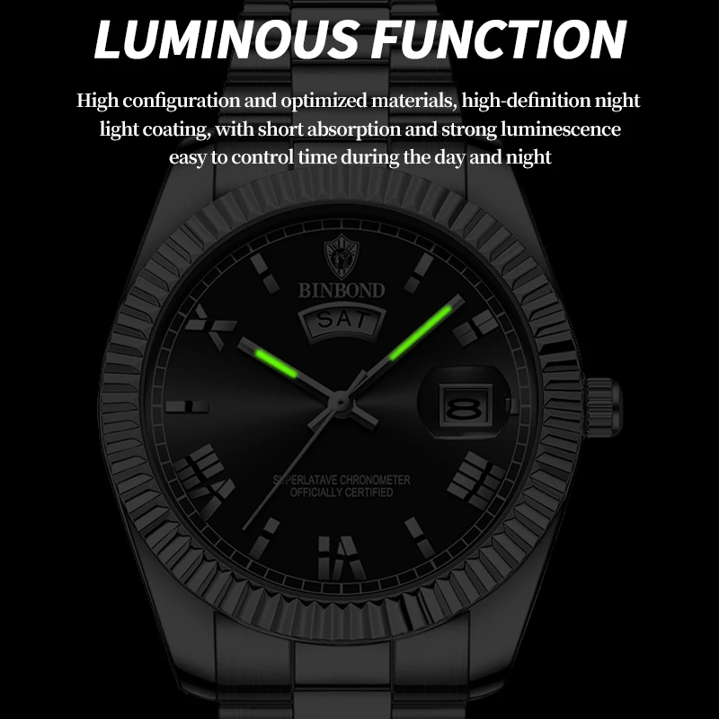 BINBOND B7012 Mens Fashion Business Sports Quartz Watch 30M Waterproof Luminous Classic Calendar Creative Clock Mens Wristwatch