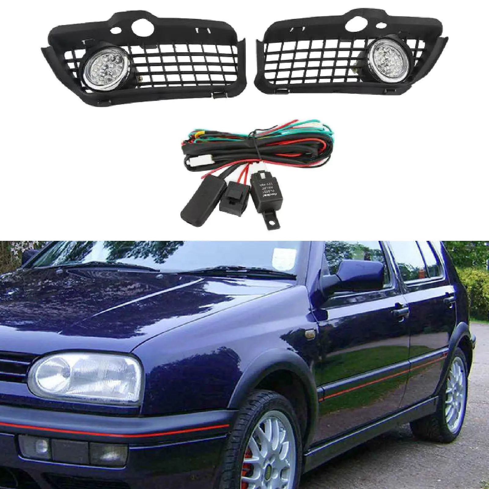 

Front Bumper Grill LED Fog Lamps Complete Set with Wire for VW Golf Jetta Cabrio Models 1993 to 1998