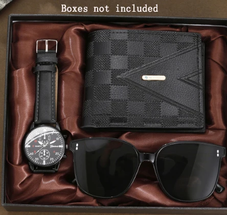 Men's set of watches, belts, wallets, sunglasses, exquisite gifts 3pcs, men's quartz watch and wallet