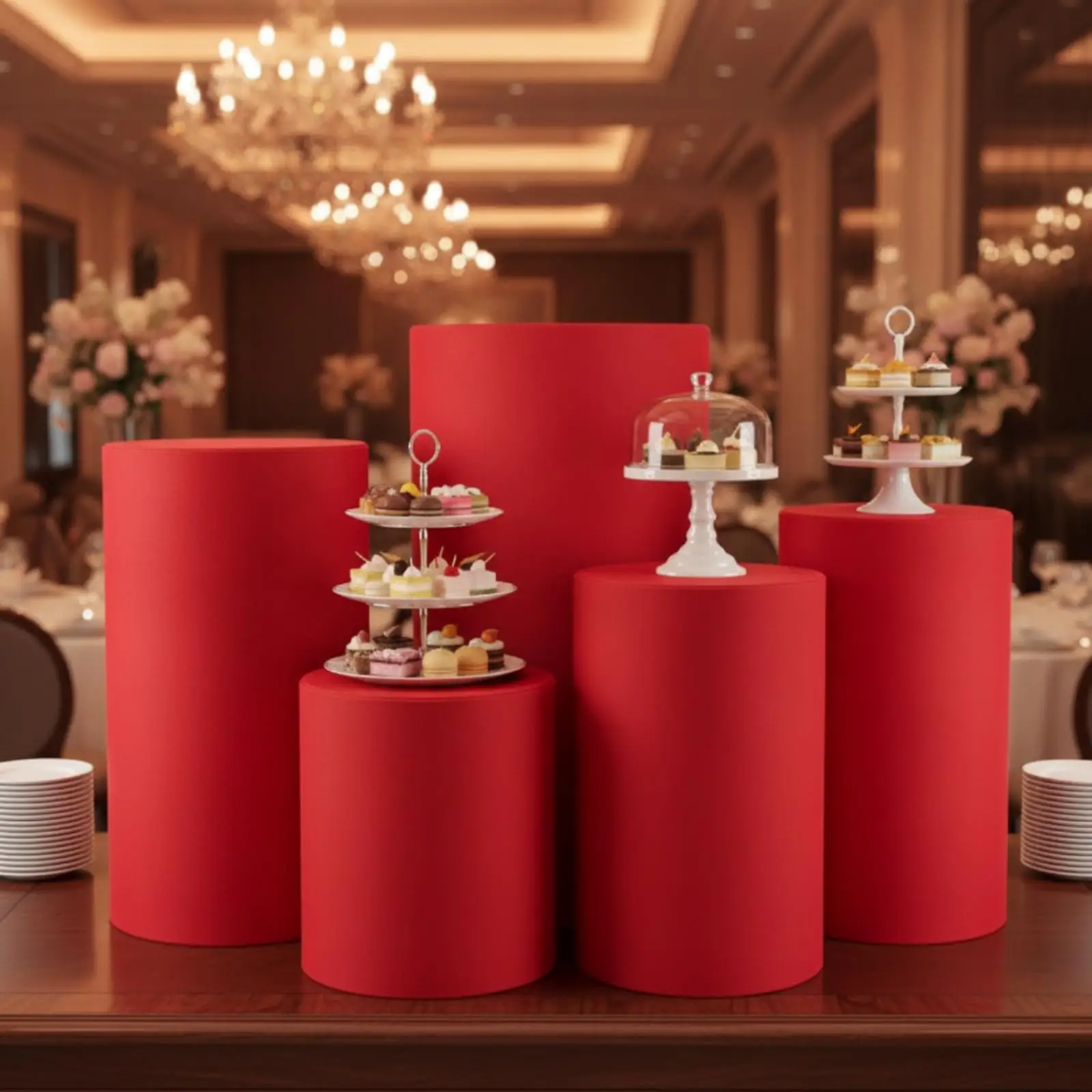 Stretchable Cylindrical Tablecloth for Cake Table Fits 33x60cm Pedestal Cover Reusable Polyester for Wedding Reception