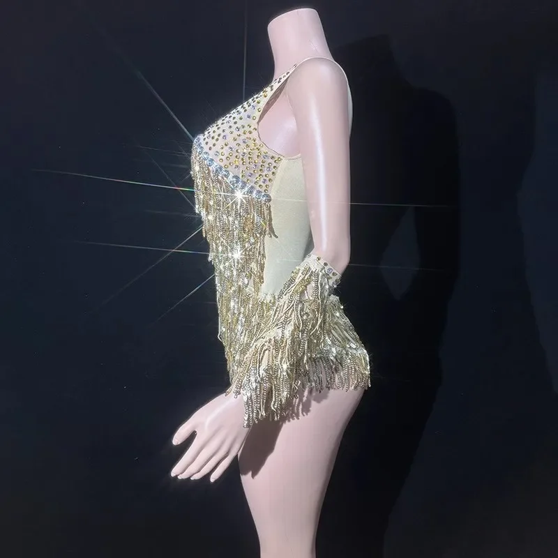 Body con cadena de diamantes de imitación dorados, nueva moda, ropa de Jazz, disfraces brillantes de bailarina Gogo para mujer, Bar, club nocturno, DJ, traje Rave para escenario