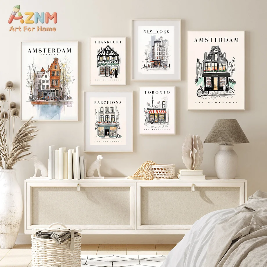 AZNM City Sketch Amsterdam New York Barcelona Bookstore Canvas Poster, Frameless Minimal Travel Wall Art For Entryway Living Roo
