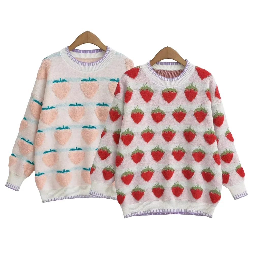 2024 autumn and winter new fashionable women's clothing strawberry pattern loose outer layer thick knit sweater top