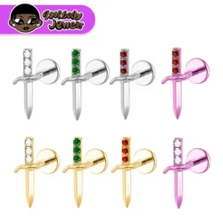 ASTM F136 Titanium Zircon Sword Helix Lab Piercing Stud Internally Threaded Daith Cartilage Tragus Lobe Anodized Piercing