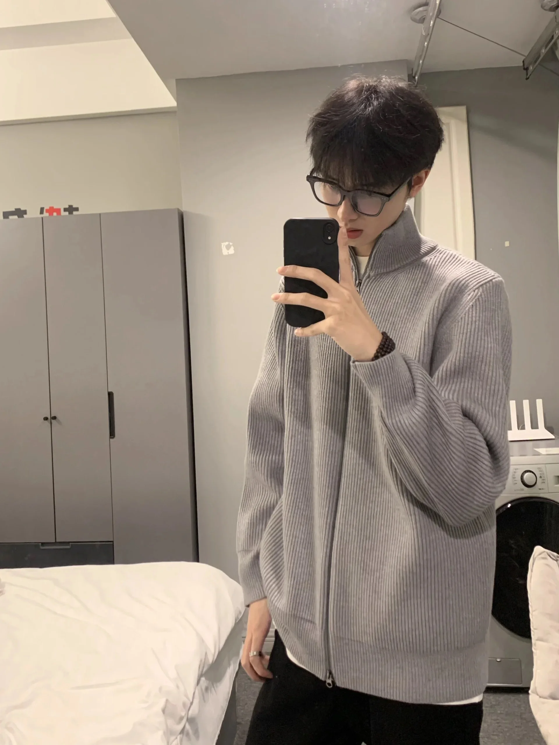 

ay Zipper Stand Collar Open Cardigan Jaet for Men Sli Retro American Jaet Cleanfit High Sensation Spring Autumn