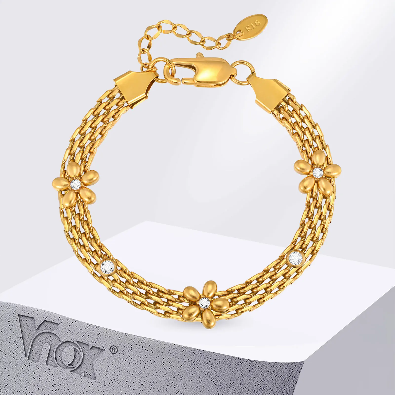 

Vnox Trendy Stainless Steel Flowers Charm Bracelets For Women, Glossy Gold Plated Wide Chain, Jewelry Gift Wholesale