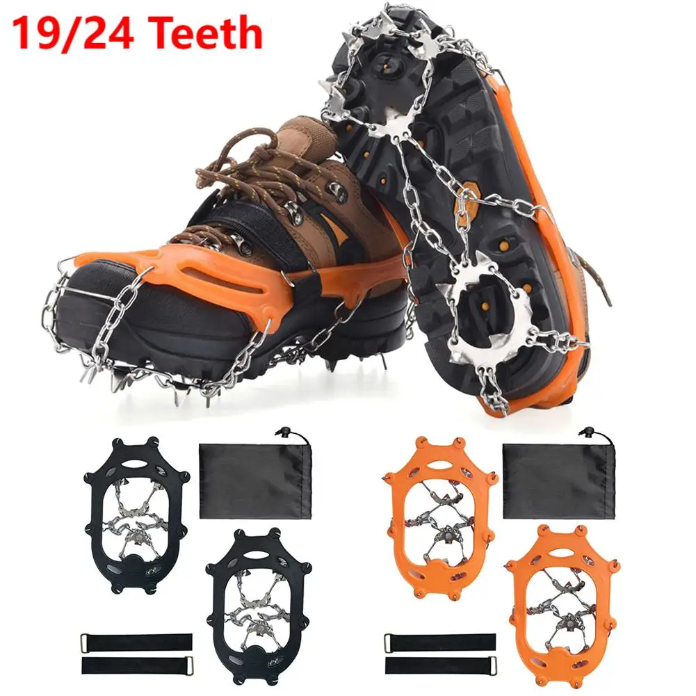 19 Teeth Anti-slip Climbing Crampons Winter Ice Claws Snow Gripper Walking Hiking Shoe Boot Grips Stainless Steel Chain Spike