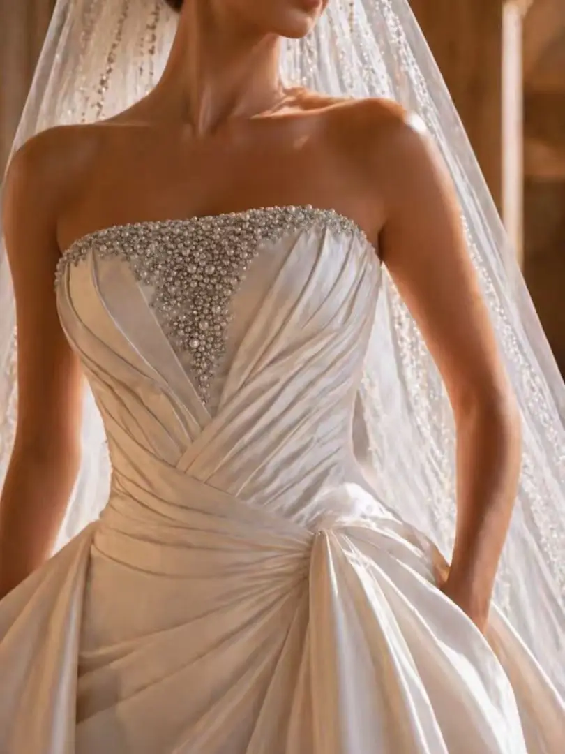 A Line Wedding Dress Customized Strapless Sweetheart Satin Bridal Gown Asymmetrical Ruffle Skirt Amanda Novias Official Robe