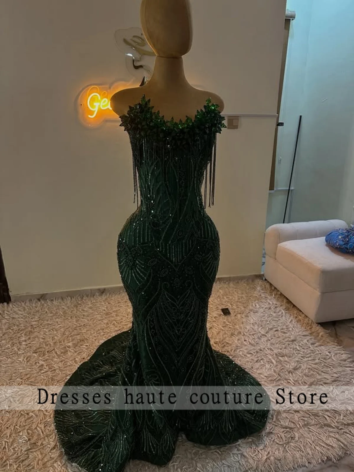 Emerald Green Beading Sequin Veil Diamond Prom Dress 2026 For Black Girl Birthday Party Dress Tassel Mermiad  Dress Customized image 4
