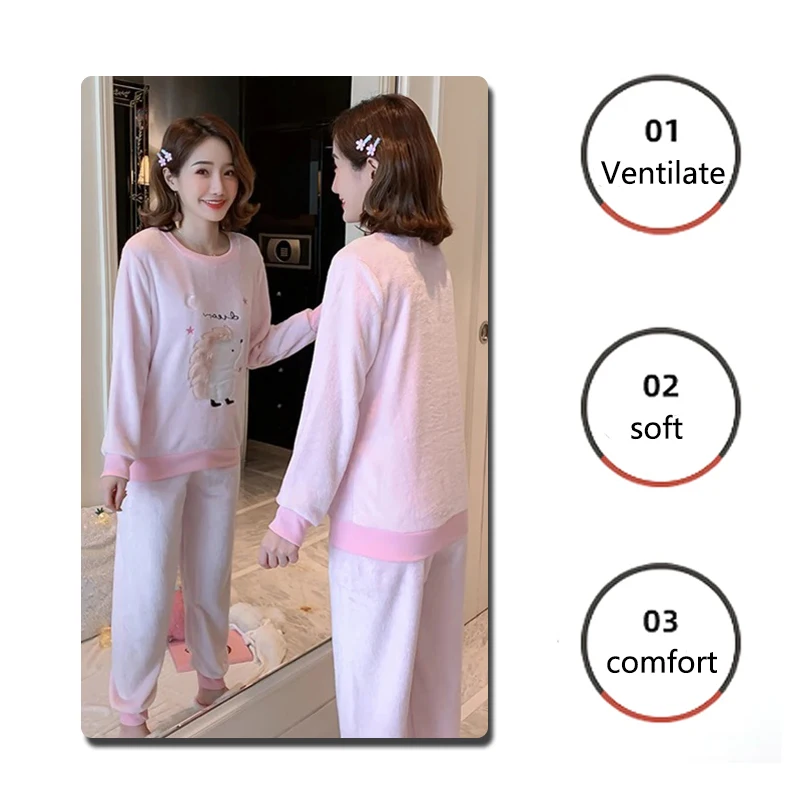 Thickened Warm Flannel Pyjamas Women Autumn Winter Sleepwear Loungewear tops and Trousers Coral Fleece Ladies Nightwear Homewear