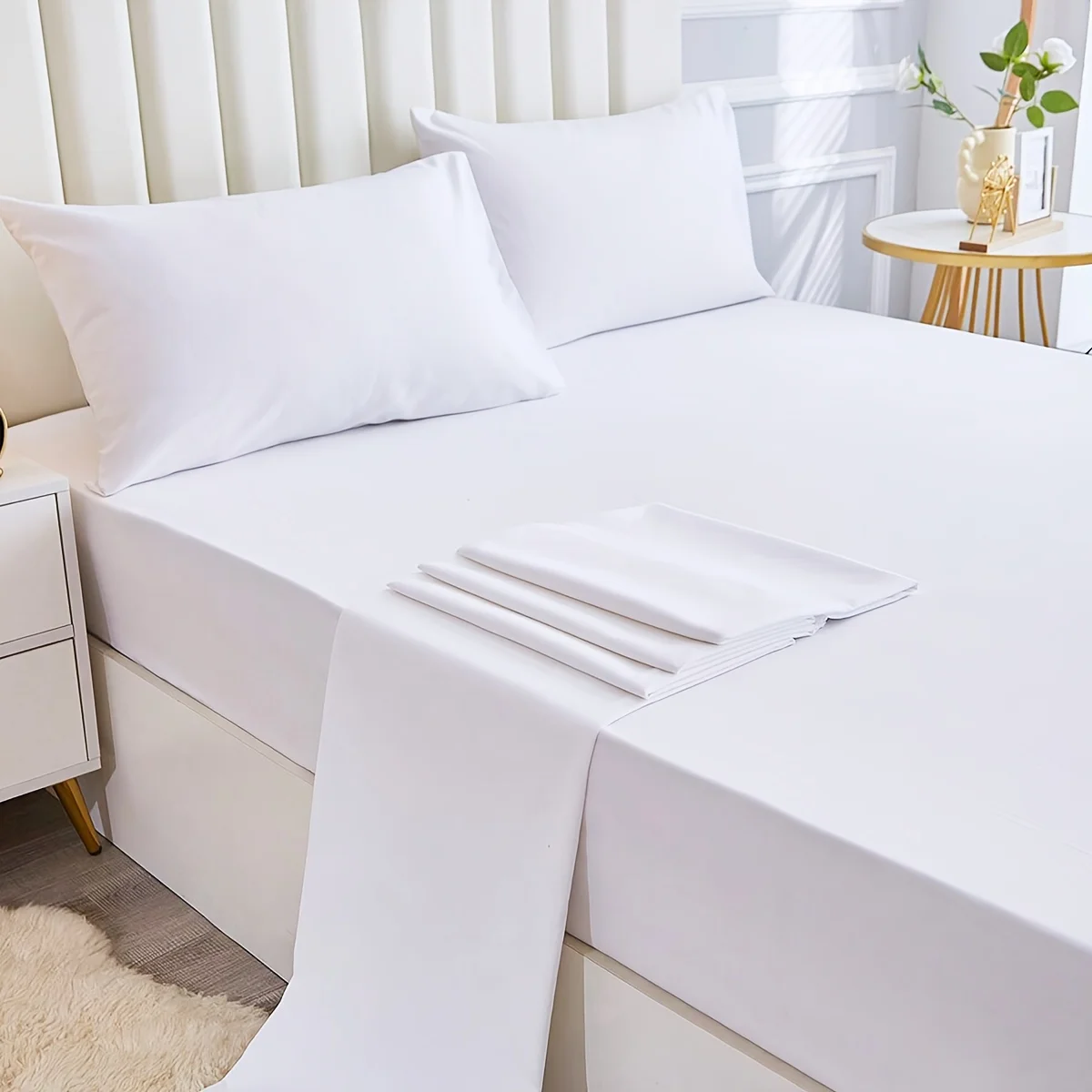 3 4pcs Solid Beding Set, Waterproof Fitted Sheet & Bed Sheet & Pillowcases