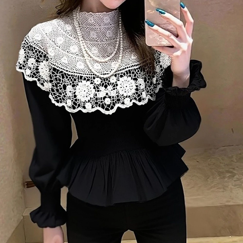 2026 spring new heavy industry embroidery lace splicing waist slim and thin semi-turtleneck foreign style  shirt woman