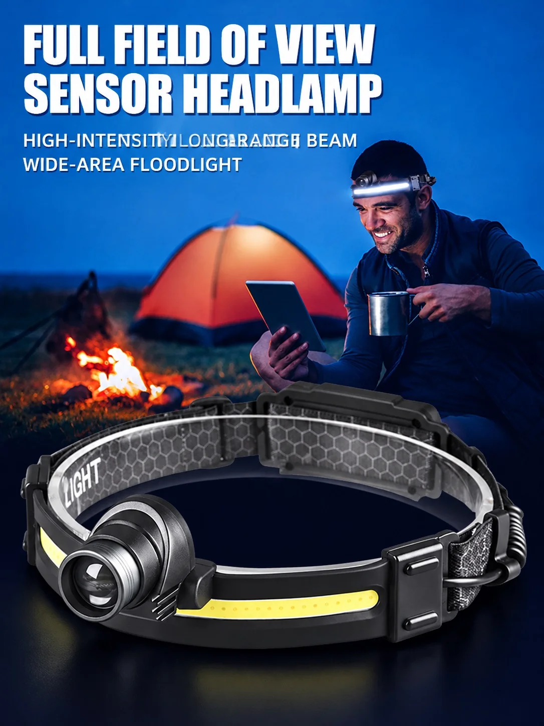 Led Sensor Headlamp USB Rechargeable Strong Light Long-Range Head-Mounted Flashlight Cob Large Area Floodlight Zoom Focus Night Fishing Light Camping Light Night Running Light Mountaineering Repair Portable Headlamp