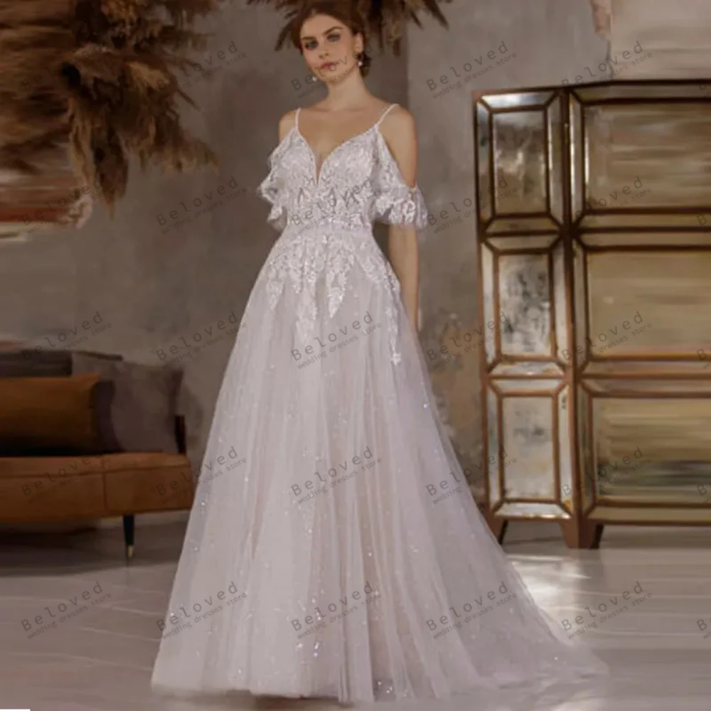 

Exquisite Wedding Dresses A-Line Tulle Tiered Bridal Gowns Sequin Lace Appliques Off The Shoulder Robes 2024 Vestidos De Novia