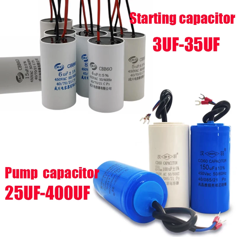 Capacitor de Partida para Máquina de Lavar, Centrífuga e Bomba de Água CBB60 4UF 5UF 8UF 10UF 12UF 15UF 20UF 35UF 45UF 50UF 60UF