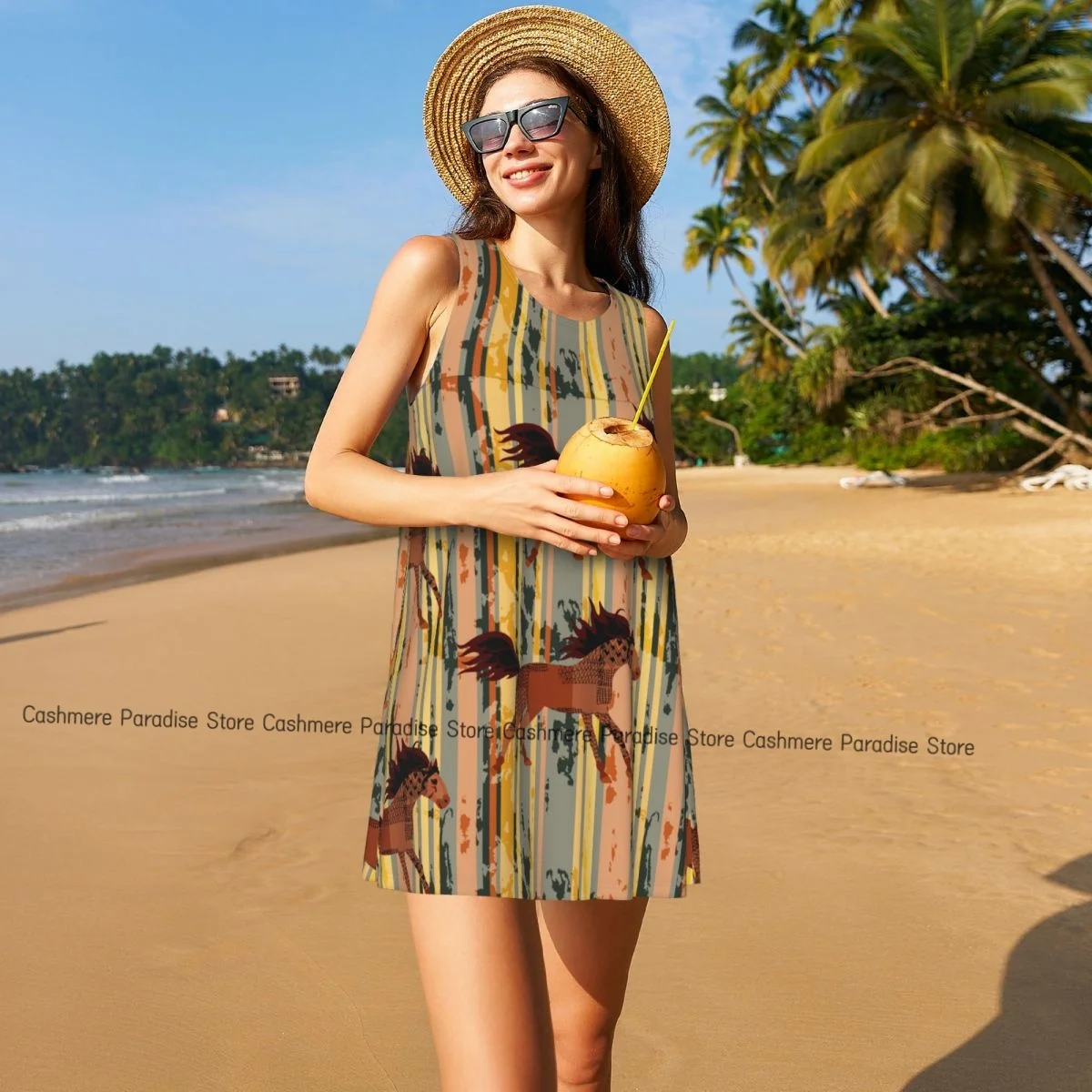 فستان نسائي لخلفية مخططة معقدة، فساتين تي شيرت صيفية غير رسمية لتغطية الشاطئ، فستان بدون أكمام