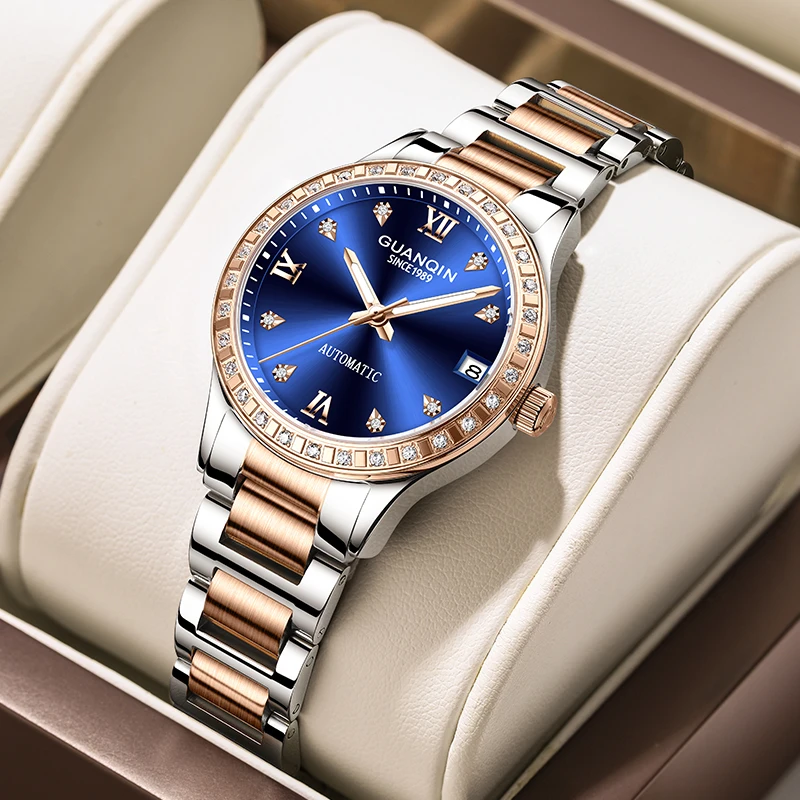 GUANQIN Elegant Luxury Mechanical Watches for Woman Pretty Rhinestone Bezel Calendar Window Display Lady Watch for Gifts