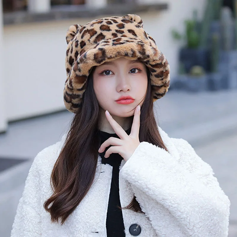 Winter Fashion Cute Leopard Bear Ear Bucket Hat For Women Thick Warm Faux Fur Furly Fisherman Cap Outdoor Protection Soft Panama