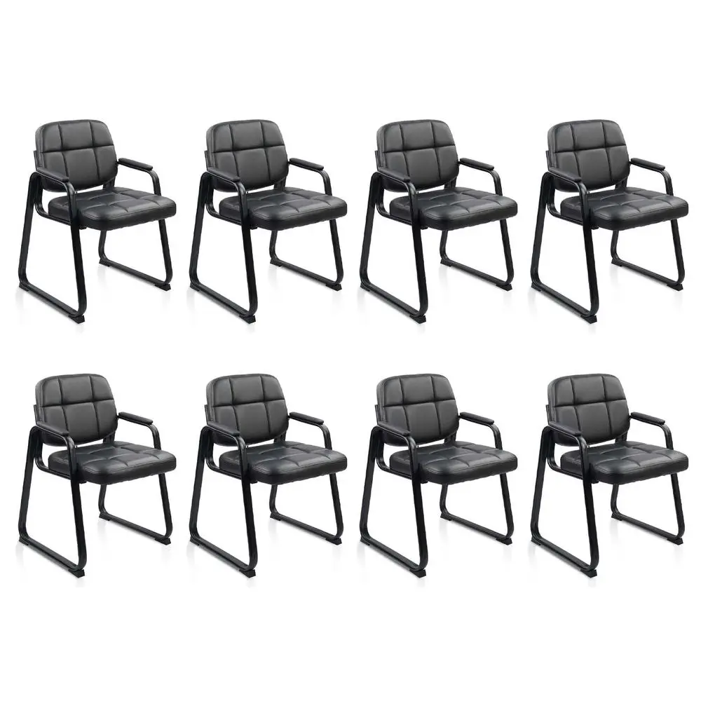 Waiting Room Guest Chair with Bonded Leather Padded Arm Rest for Office Reception and Conference Desk Black with Sled Base 8 Pa