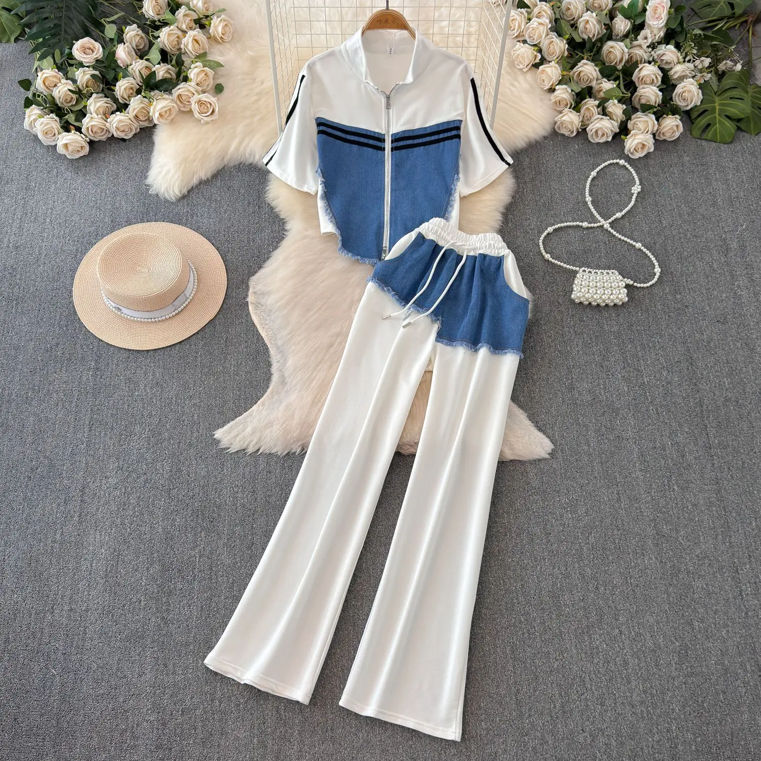 

Pant Set Women Two Piece Sets Matching Sets Short Sleeve Zipper Tops Wide Leg Long Pants Lace Up Elastic Waist Y2k Streetwear