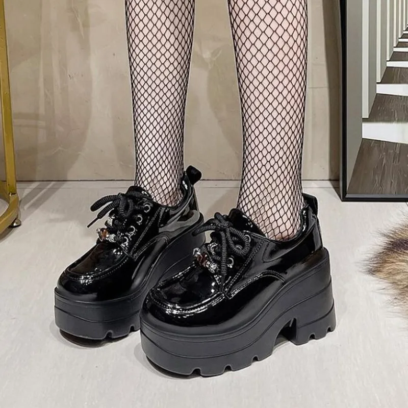 8.5cm 2027 Spring Women's Shoes Heavy Metal Thick Bottom High Top Punk Leather Shoes Gothic Dark Motorcycle Boots Trend Sneakers