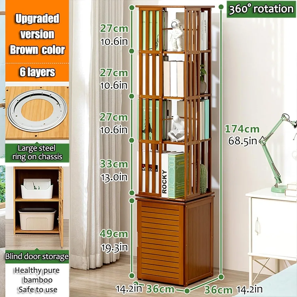 Rotating  Bookshelf,4/5 Tier Floor Standing Bookcase for Kids&Adult,Bamboo 360°Rotating Bookcase,Wood Narrow Book Shelf