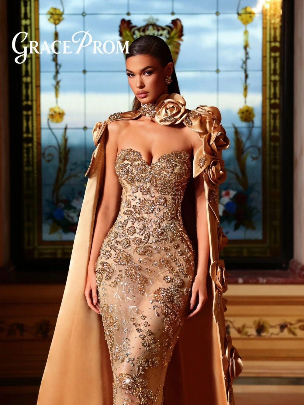 Luxury 3D Rose Evening Dress 2026 Formal Satin Cape Carpet Gown Fashion Crystal Beaded Floor Length Party Gown فساتين سه
