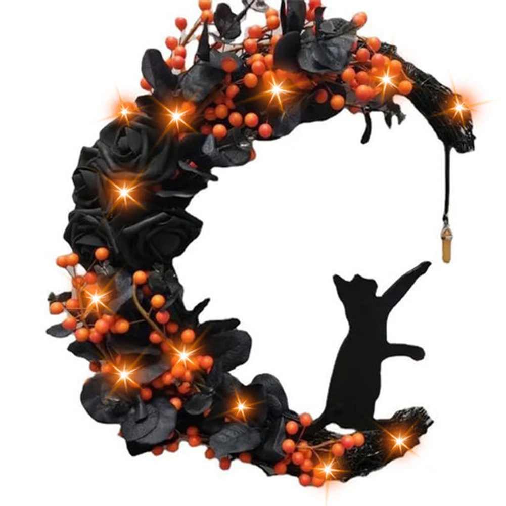 Cat Moon Door Wreath with LED Light Christmas Halloween Decoration Gothic Black Rose Berry Artificial Wreath