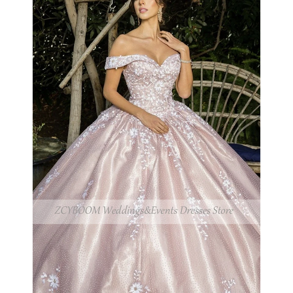Lindo rosa flores apliques fora do ombro vestido de noite 2025 vestido de baile até o chão trem varredura rendas até vestido de formatura