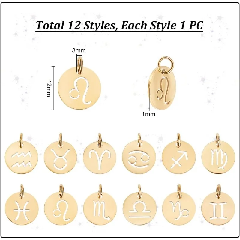 12pcs Stainless Steel 12 Constellations Charm Zodiac Sign Pendants Charms Golden 3mm Hole Flat Round with Constellation Pendant