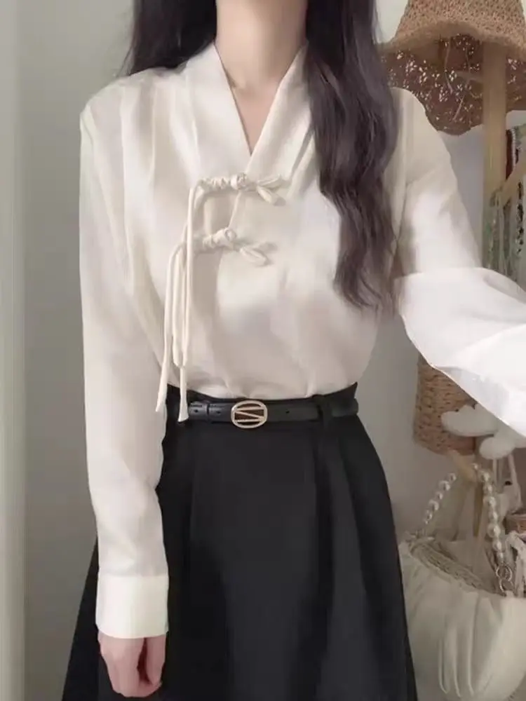 

New Fashion Long Sleeve V-neck Blouse Women Blusas Mujer De Moda 2024 Chinese Style White Women Blouse Shirt Women Tops Popular