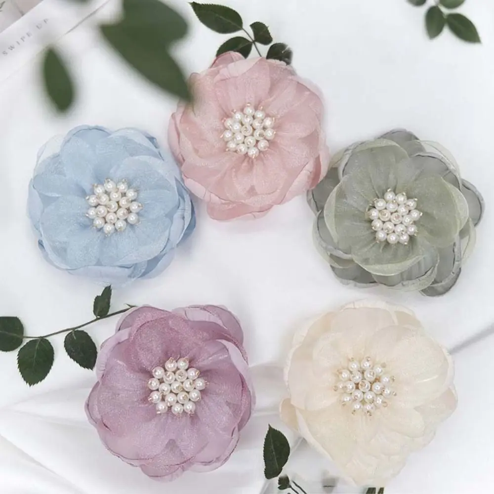 5Pcs Sewing Fabric 3D Chiffon Flower Chiffon Beads Center Artificial Flower Shoes Decor Burnt Edge DIY Sewing Applique