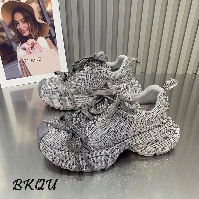 BKQU female vulcanized full of star water diamond thick bottom fried street Daddy 2024 spring new ins tide cake casual shoes