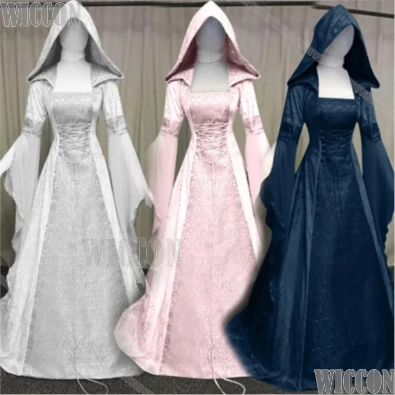 Костюм для косплея на Хэллоуин, средневековая винтажная свадебная туника с капюшоном, женское платье для девочек, вечерние костюмы для ролевых игр, черно-белые пинты; 3,k8