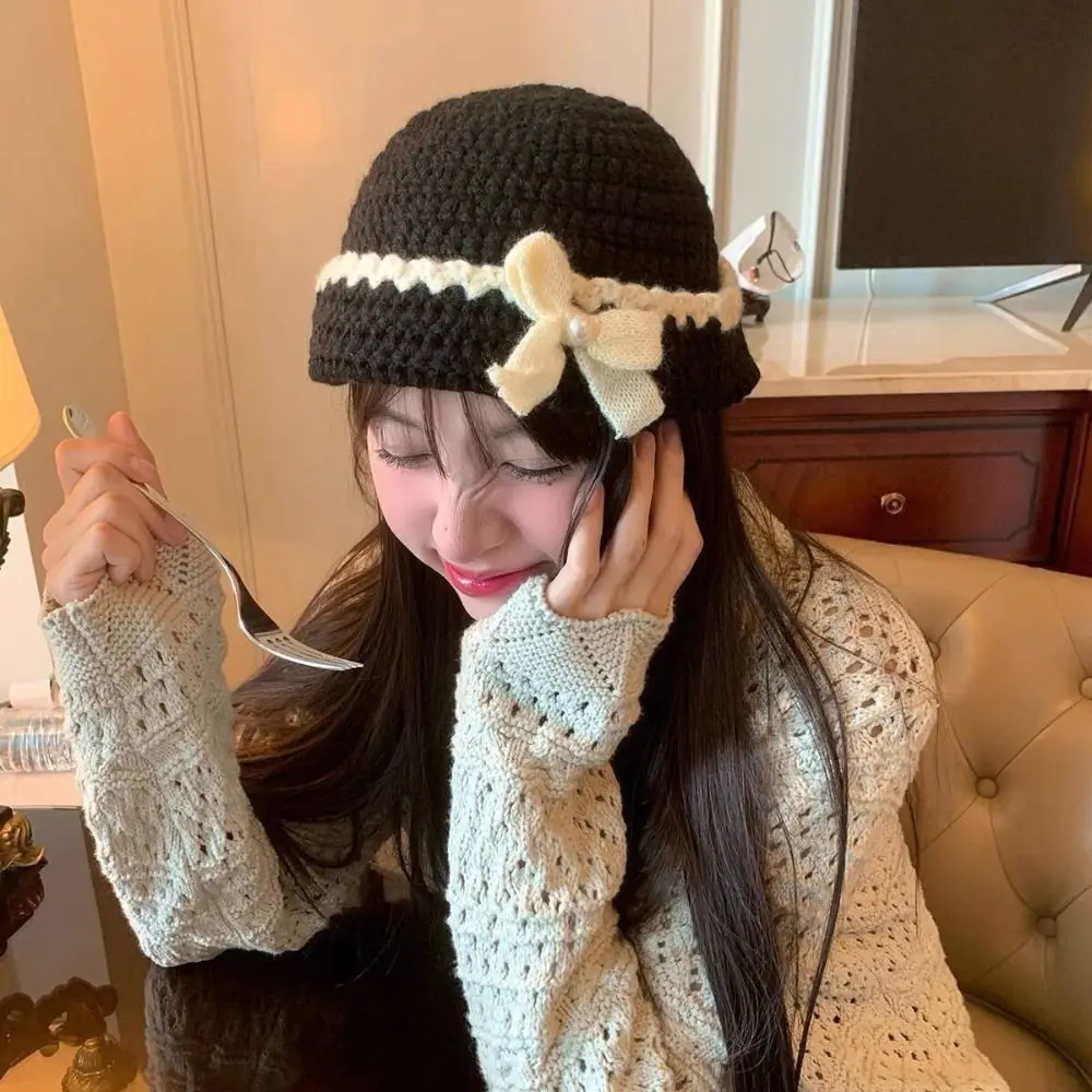 

Casual Korean Style Crochet Flower Knitted Hat Handmade Cute Flower Weave Cap Warm Hollow Out Bowknot Beanies Hat Outdoor