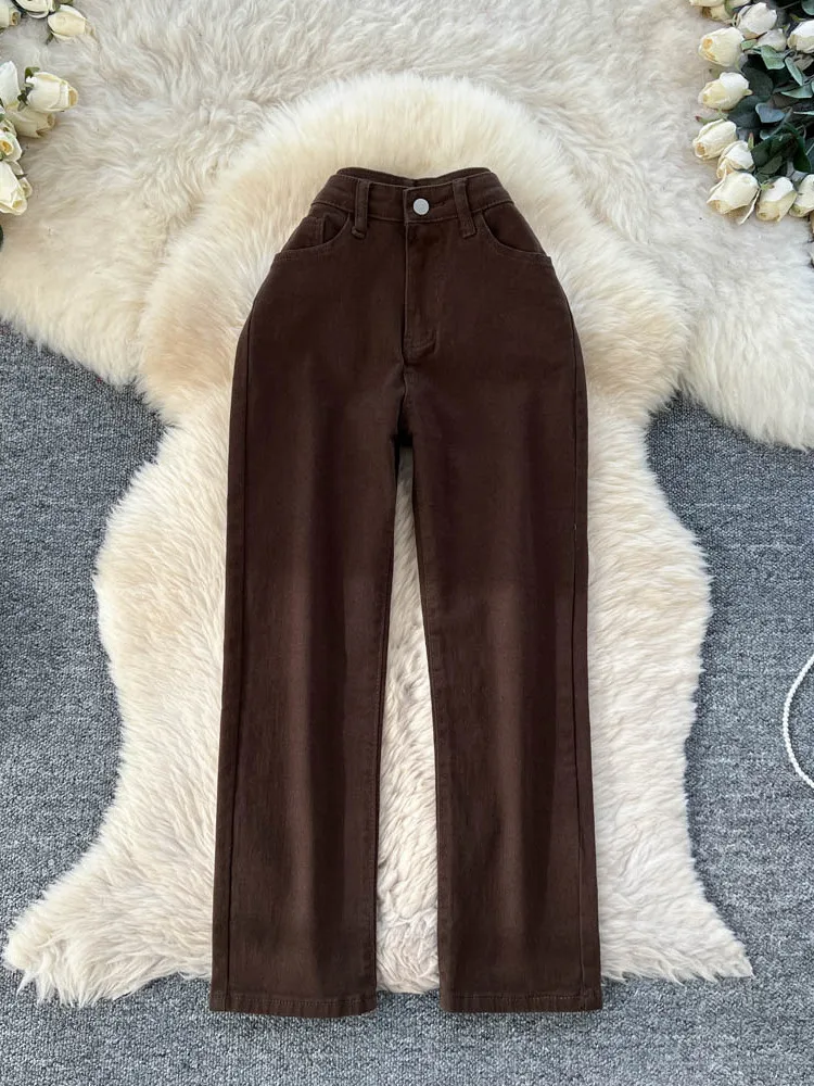 

Прямые джинсы кофейного цвета с высокой талией, женские повседневные утягивающие брюки с девятью точками в стиле ретро, осенний сезон, большие размеры