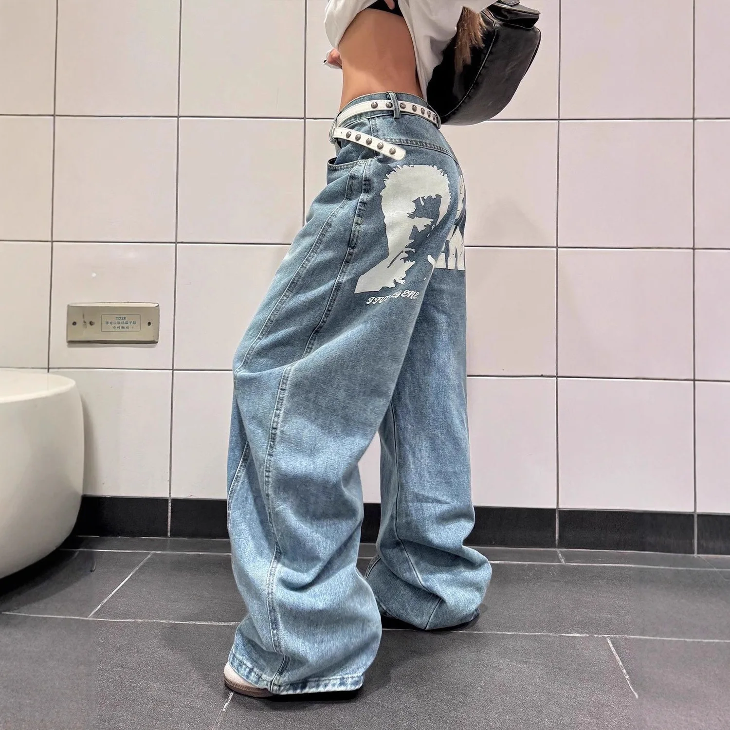 American Retro Letter Printed Jeans for Women's Spring and Autumn New Styles Loose and Slimming Wide Leg Pants