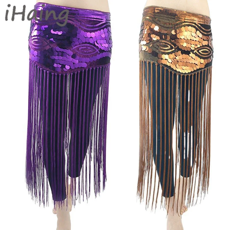 Sequins Hip Scarf for Belly Dance Folk Dancing Halloween Costume Tribal Long Tassel Dancewear Wrap Belt Skir Waist Chain Suit