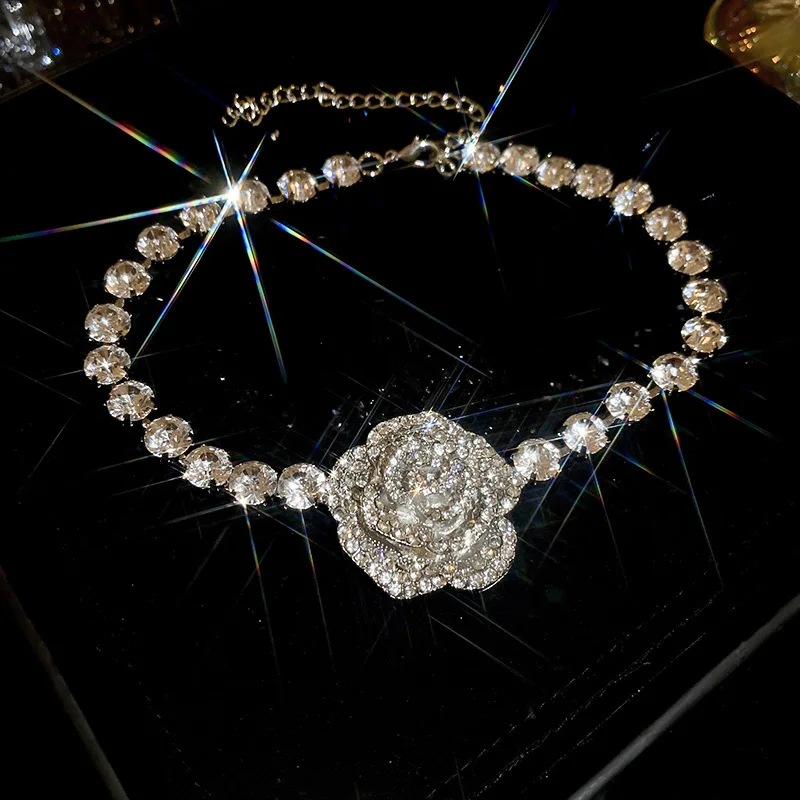 Inlaid Rhinestone Flower Tassel Earrings Necklace for Women Fashion Clavicle Chain New Light Luxury Sparkle Jewelry
