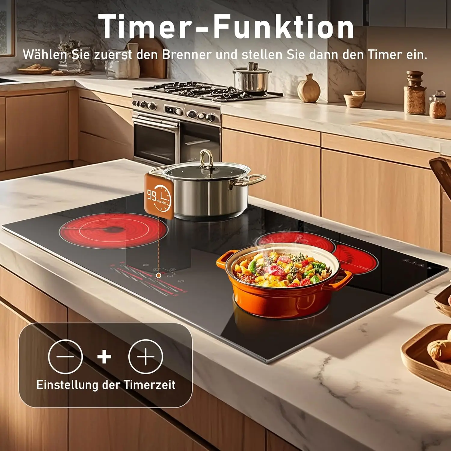 Karinear Placa vitrocerámica 4 fuegos 77 cm, Control deslizante, zona de expansión de doble bucle, 9 niveles de potencia, temporizador, cierres de seguridad