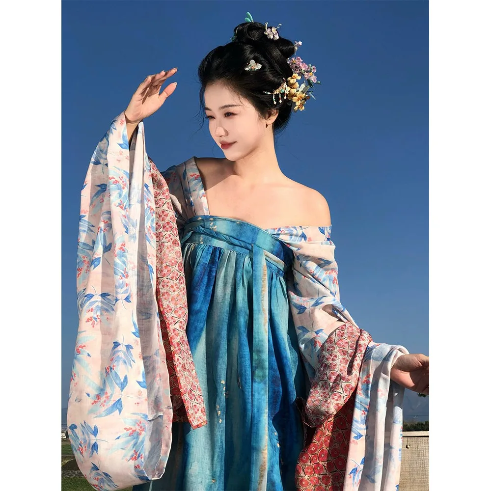 Tang made small Tang style chest-length long-sleeved jacket adult national style blue broken skirt Spring and Autumn costume