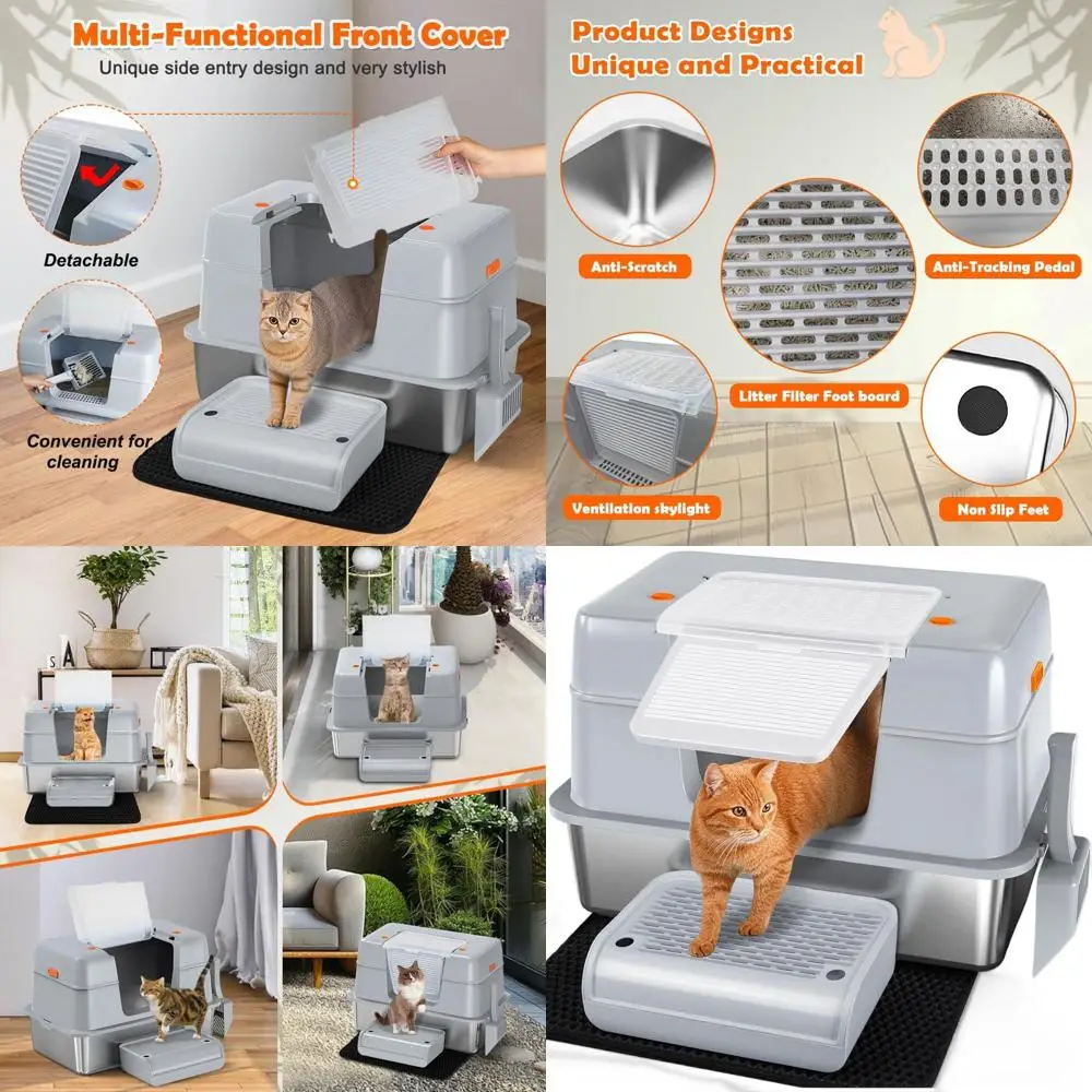 

Очень большой лоток для кошек с боковым входом и крышкой, высококачественный металлический закрытый лоток с высокими бортиками, съемный, с совком, ковриком и подставкой для лап - серый