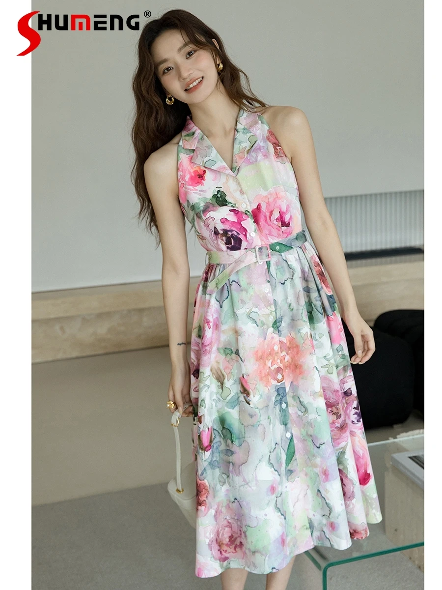 

Fashion 2024 Summer New Retro Dress Women Elegance Sleeveless Printed Slim-fit Dress Feminine Chic Beauty Slimming Shirt Dresses