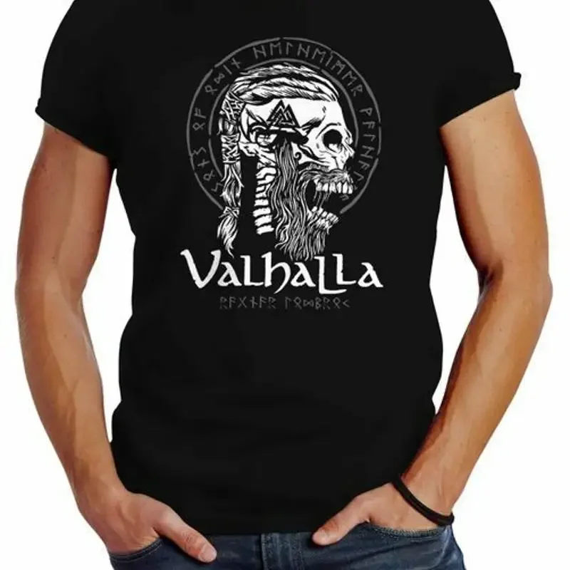 Mens Valhalla Skull Runes Norse Mythology Ragnar Lodbrok TShirt