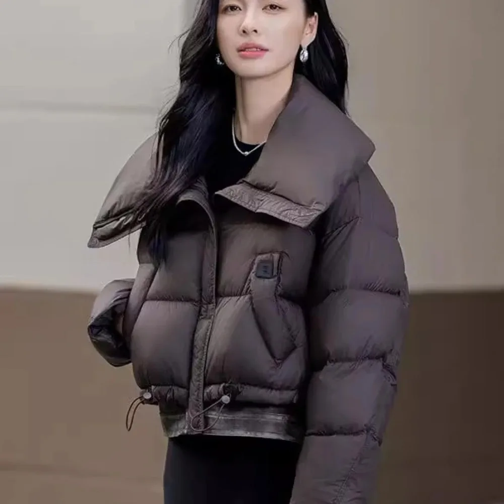 

Turn-down Collar Puffer Jacket Feather Bread Style Women's Winter Down Jacket New Design Splicing White Duck Coat Coat Autumn