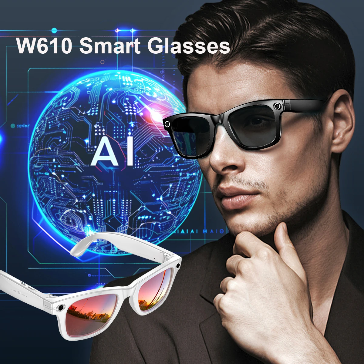 

Умные очки W610 AI 2025 с 8-мегапиксельной видеокамерой, уличные солнцезащитные очки, переводные беспроводные музыкальные BT-вызовы, помощь Ai, умные глазки